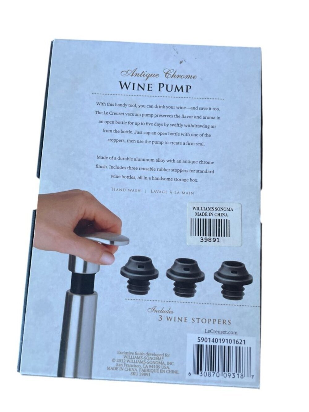 Le Creuset Metal Wine Pump and 3 Stoppers Silver Wedding Gift - Picture 4 of 16